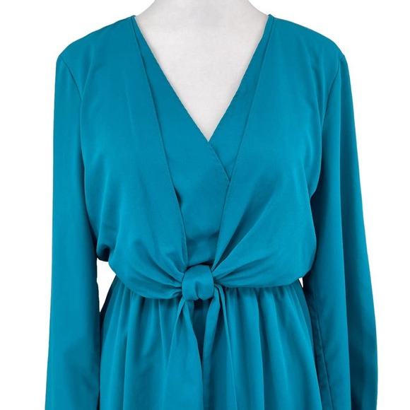 GREAT JONES Turquoise Stretch Surplice Tie Front Blouson Dress - Size Small EUC - Picture 5 of 16